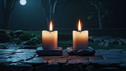 Mystical night: ivory pillar candles under moonlight in tranquil woodland