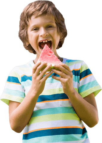 Joyful Child Enjoying Watermelon with Lively Expression