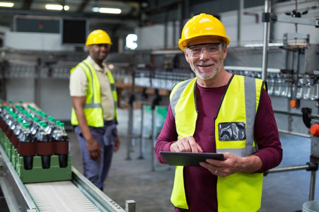 Smiling factory worker with digital tablet standing near the production line at factory