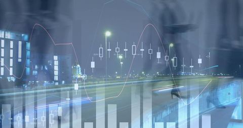 Business leaders analyzing financial trends in urban night cityscape