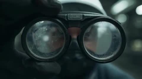 Technician inspecting scratched binocular lenses in dim workshop, close-up handheld inspection video