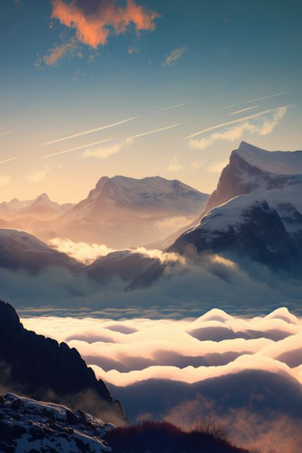 Majestic Sunrise Over Snow-Capped Mountain Peaks with Low-Cloud Cover - Download Free Stock Images Pikwizard.com