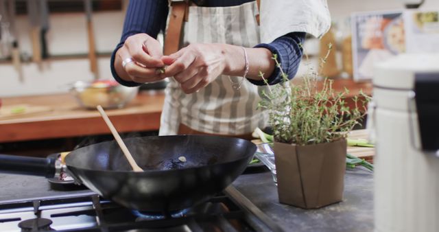 Person Preparing Ingredients in Kitchen with Fresh Thyme Plant - Download Free Stock Images Pikwizard.com