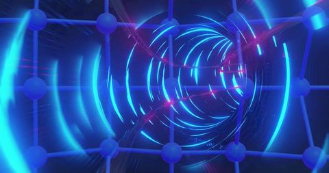 Boosting camera entering neon tunnel through glowing rings and futuristic lattice corridor