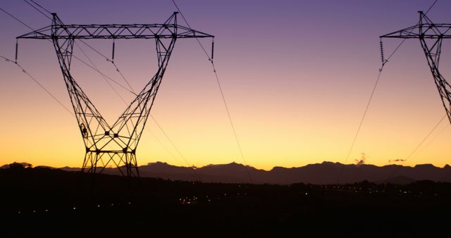 General view of electric pylons and clear sky with copy space. Electricity, energy, electric network concept.