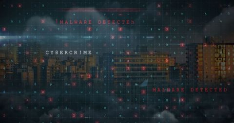 Cybersecurity alerts overlaying cityscape at night
