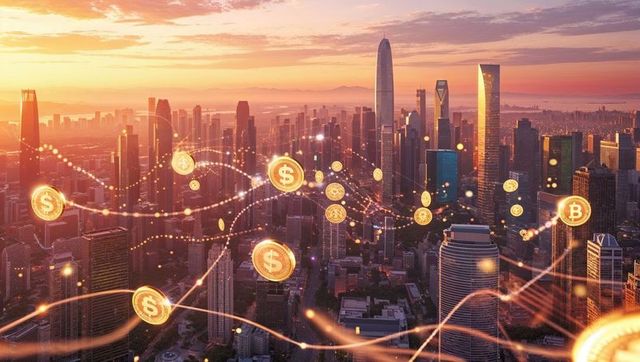 Digital Currency Symbols Over City Skyline at Sunset Illustrating Financial Connectivity