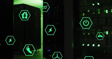 Green eco icons overlay on digital server network
