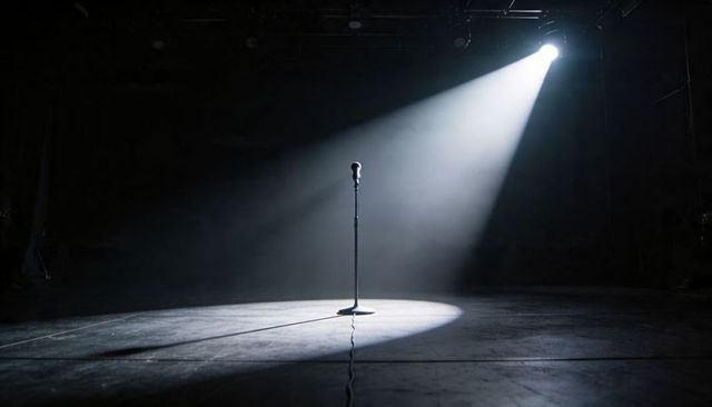 Standing Microphone on Empty Theater Stage Casting Dramatic Spotlight for Solo Performance