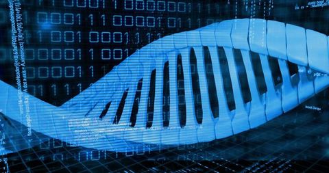 Glowing DNA Double Helix Twisting Through Digital Grid with Binary Data Overlay