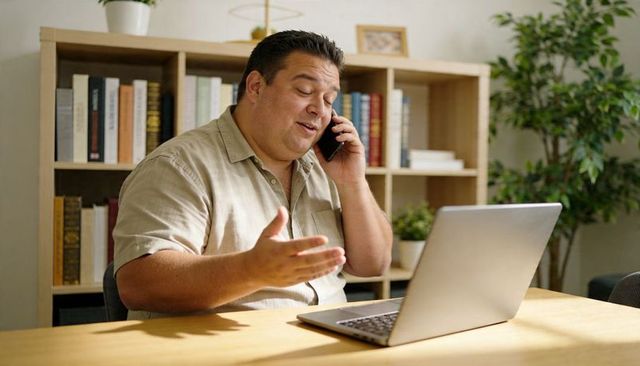 Plus-size man talking on smartphone while working on laptop at home office desk