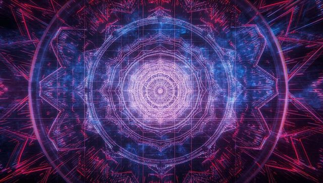 Futuristic Neon Mandala Pattern in Digital Cyberspace