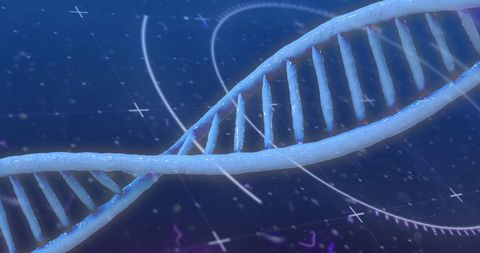 Dna strand with high-tech graphics in scientific background