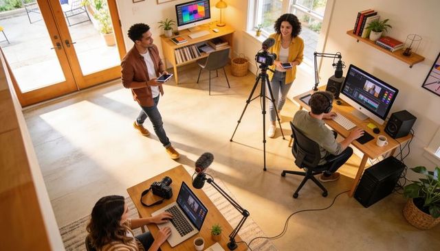 Content creators collaborating in home studio with dslr, tripod, microphones, editing