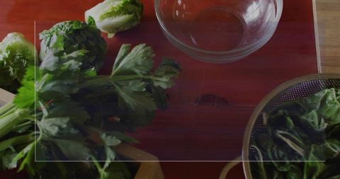 Fresh Parsley and Greens on Red Cutting Board Dominant Kitchen Scene