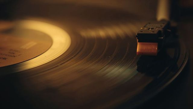 Vintage vinyl record on turntable close-up