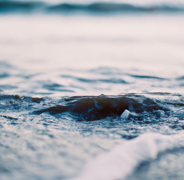 This close-up captures the gentle movement of ocean waves, producing a calming and tranquil effect. With a shallow depth of field, it emphasizes the serene nature of coastal environments, making it ideal for relaxation themes, ocean-themed designs, and backgrounds for websites or presentations. The photo evokes feelings of peace and tranquility, perfect for use in wellness, travel, and nature publications.