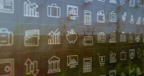 Digital Financial Icons Overlaid on Strategic Rural Landscape