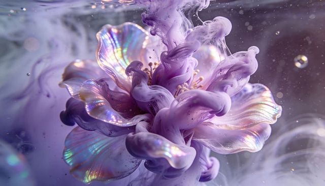 Iridescent purple ink bloom unfolding in water with opalescent petals and golden stamen
