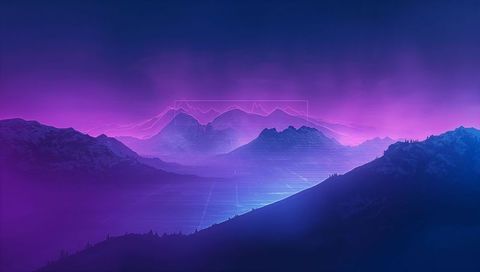 Neon Retro Mountain Landscape with Glowing Grid Valley and Wireframe Peaks