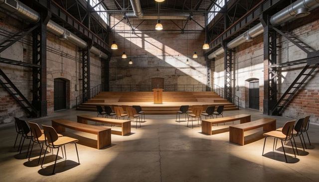Industrial auditorium with wooden lectern and benches bathed in warm daylight and shadows