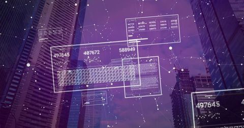 Streaming Data HUD Overlay Drifting Over Downtown Glass Skyscrapers