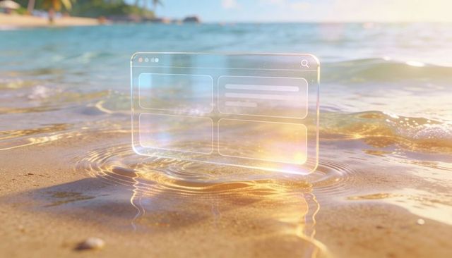 Holographic browser interface floating above sunlit wet sand with prismatic light ripples