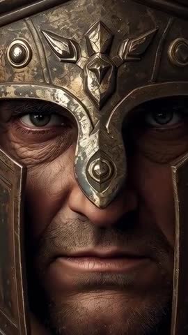 Tightening Close-Up on Bronze Helmeted Warrior Face Revealing Stubble and Patina