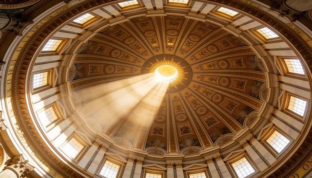 Sunlight streaming through ornate neoclassical dome oculus over gilded marble rotunda