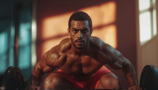 Shirtless Athlete Lifting Barbell with Intensity in Gym Ambient