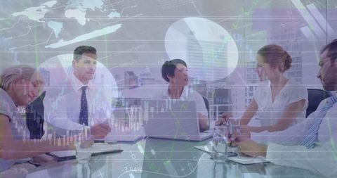 Team Collaborating with Global Business Interface in Modern Office