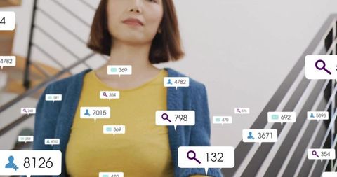 Chinese woman standing on stairwell with social media notifications and engagement stats