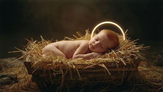 Peaceful Newborn Resting in Rustic Manger with Halo