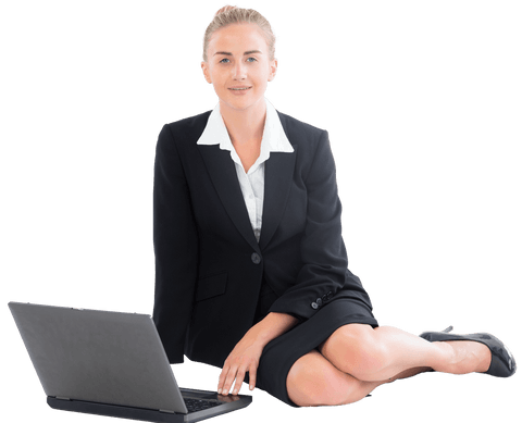 Transparent Confident Businesswoman with Laptop Sitting Pose