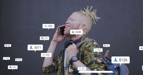 Albino man engaging with smartphone and social media connections