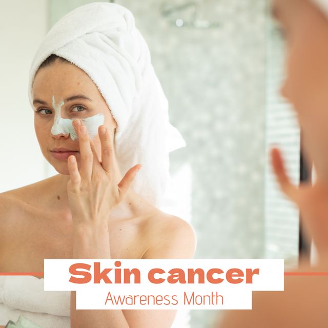 Caucasian Woman Promoting Skin Cancer Awareness Applying Face Mask - Download Free Stock Templates Pikwizard.com