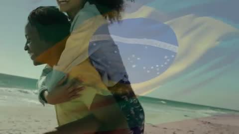 Happy Couple Enjoying Piggyback Walk on Brazilian Beach