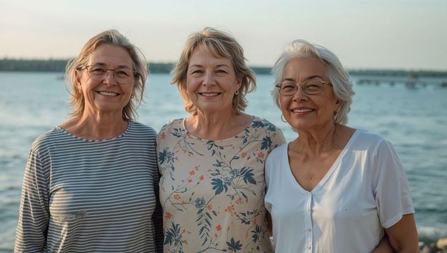 Sunset smiling senior women trio standing lakeside sharing warm friendship and joy