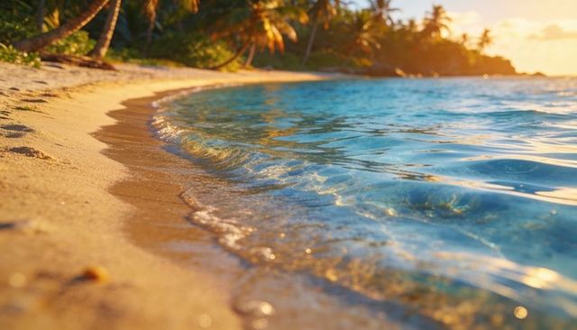 Golden hour tropical shoreline with sunlit shallow water, palm trees and gentle waves