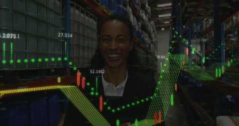 Businesswoman in Warehouse with Overlaid Financial Data Visualization
