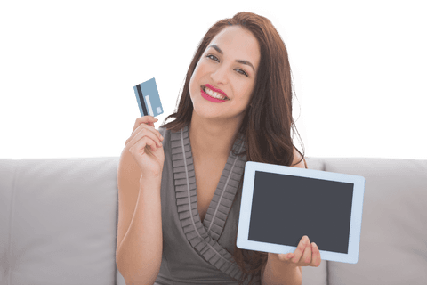 smiling woman holding credit card and tablet on transparent background - Download Free Stock Videos Pikwizard.com