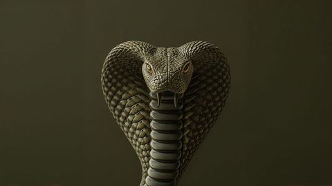 Regal king cobra in defensive posture against dark olive backdrop