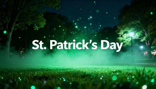 St patrick's day green mist over park lawn night celebration with bokeh lights
