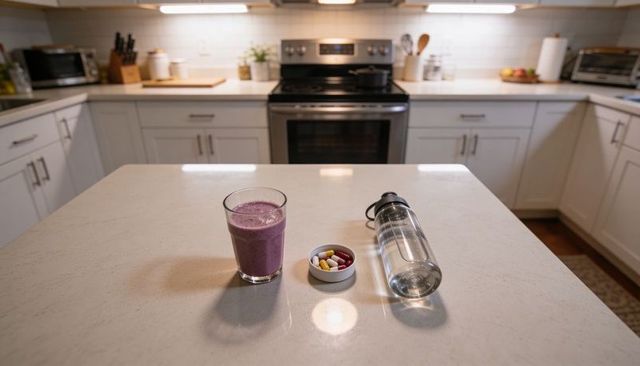 Morning wellness with purple smoothie, vitamins and water bottle on quartz kitchen island