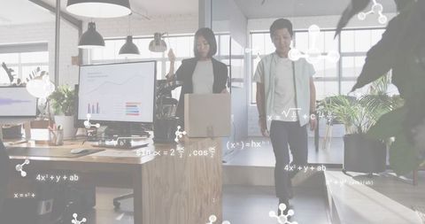 Colleagues collaborating in modern office with analytics dashboard and molecular overlay