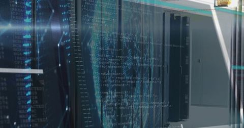 Server racks reflecting and overlaying code while network LEDs glowing in futuristic data center