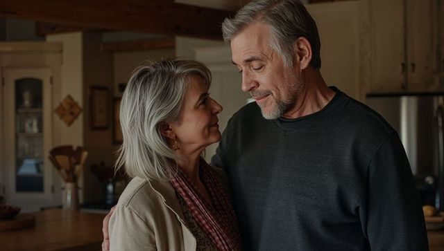 Senior couple sharing intimate embrace in cozy kitchen with wooden island and warm light
