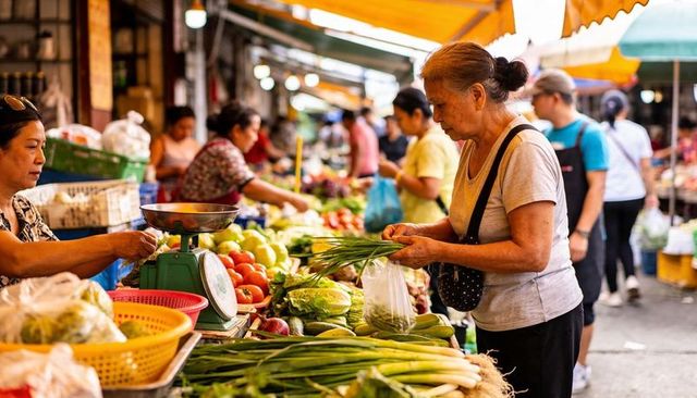 Senior woman selecting scallions at busy outdoor market stall with fresh produce