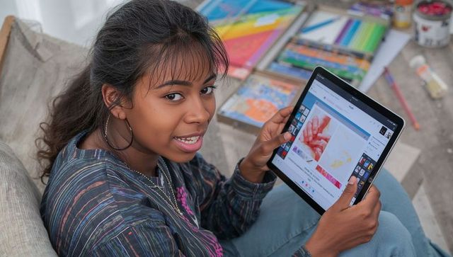 Teen artist editing digital artwork on tablet in art studio