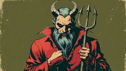 Horned satan holding trident in worn red cloak, vintage style